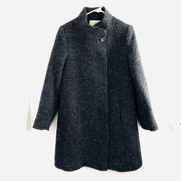 Fleurette Gray Wool Blend Boucle Hidden Button Stand Up Collar Coat 10 USA Made
